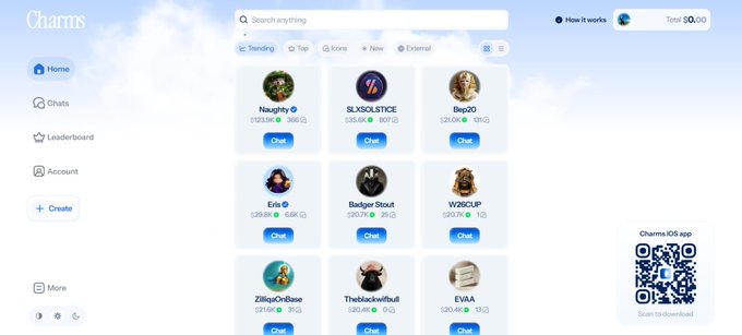 A screenshot of the Charms iOS app interface showing a list of users like 'Naughty', 'SLXBOLSTICE', and 'Beg20' with chat buttons, a total balance of $0.00, and a QR code to download the app.