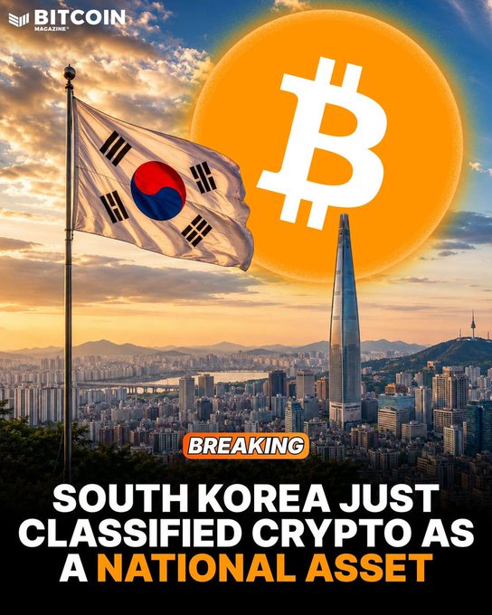 The image is a graphic from Bitcoin Magazine featuring the South Korean flag waving over the Seoul skyline at sunset, with a large Bitcoin logo superimposed on an orange sun, and bold text reading "BREAKING: SOUTH KOREA JUST CLASSIFIED CRYPTO AS A NATIONAL ASSET"—visually reinforcing the post's announcement that South Korea has officially designated Bitcoin as a "strategic state asset" under the new "National Asset Basic Act."