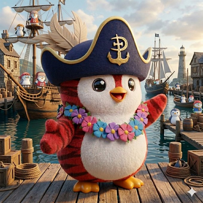 The image features a stuffed penguin wearing a pirate hat with a gold anchor pendant, standing on a wooden dock or pier surrounded by other stuffed animals. The text in the image reads "If you hold a Lil Pudgy or a Pudgy Penguin, we are automatically part of the same crew who'S ready to sail into the next adventure!". This suggests that the penguin is part of a group of stuffed animals participating in an imaginary sailing adventure together.