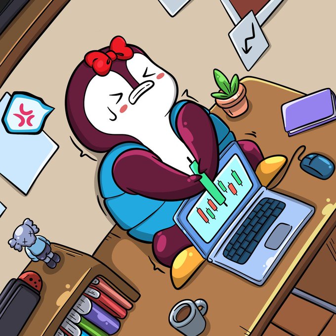 A cartoon illustration of a white and maroon character with a red bow sitting at a desk while sleeping on a laptop displaying a trading chart with red and green candlesticks.