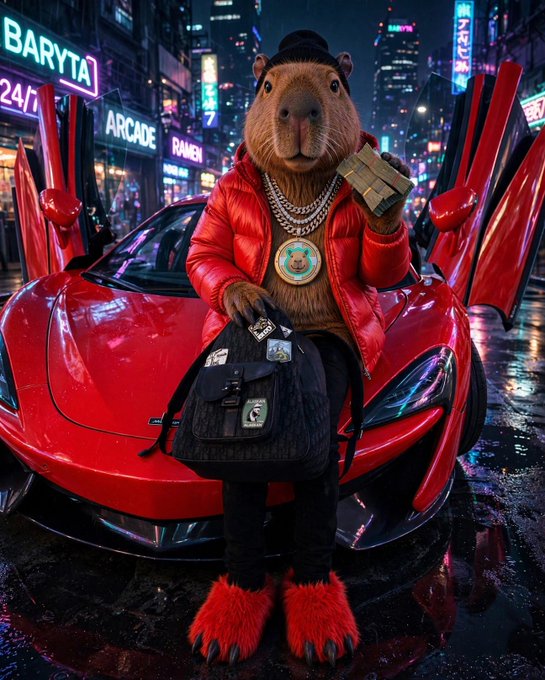 An anthropomorphic capybara dressed in a red puffer jacket, gold chain, and red furry boots stands in front of a red sports car with scissor doors open, holding a backpack and cash, in a neon-lit city street with signs reading 'BARYTA', 'ARCADE', and 'RAMEN'.