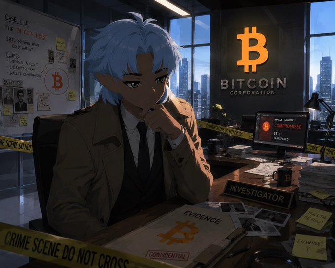Anime-style artwork depicting a blue-haired detective investigating a Bitcoin-related case, sitting at a desk labeled 'INVESTIGATOR' with evidence, crime scene tape, and a 'BITCOIN CORPORATION' sign visible.