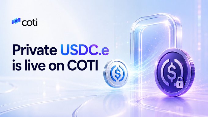 A promotional graphic announcing that "Private USDC.e is live on COTI," featuring the COTI logo, a digital padlock, and stylized USDC coin imagery against a blue tech-themed background, visually reinforcing the post's message about privacy-enabled digital dollar transactions on the COTI network.