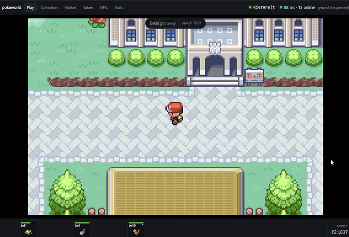 A screenshot of a Pokémon-style retro pixel game on Pokeworld showing a character in a courtyard, with a dialog box reading 'Entei got away! next in 1951'.