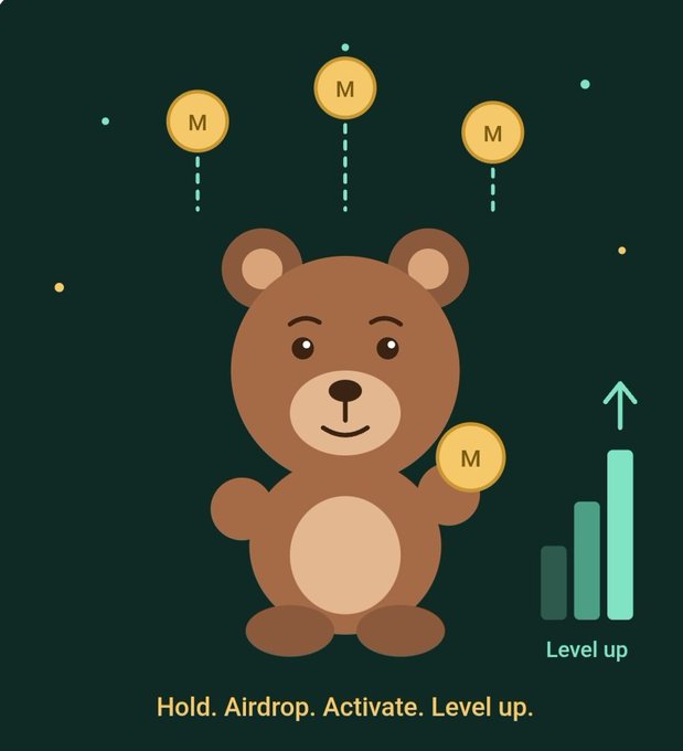 A cartoon brown teddy bear holds gold 'M' coins with the text 'Hold. Airdrop. Activate. Level up.' at the bottom and 'Level up' beside an upward chart.