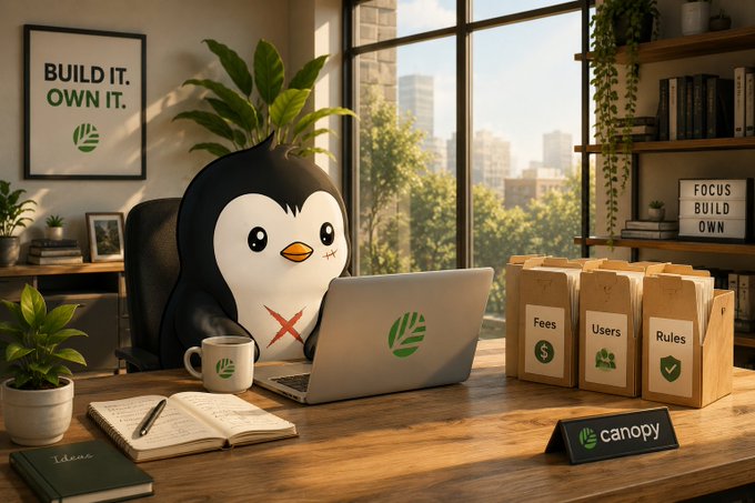 An AI-generated illustration of a penguin working on a laptop at a desk, with a 'BUILD IT. OWN IT.' poster and folders labeled 'Fees', 'Users', and 'Rules', featuring the 'canopy' logo.