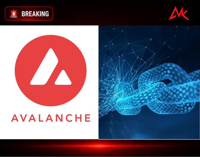 Breaking news graphic for Avalanche cryptocurrency, featuring the AVAX logo in red next to a blue blockchain chain illustration, with a 'BREAKING' alert and the 'MK' logo at the top.