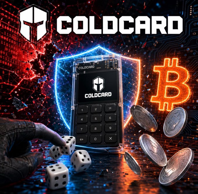 A COLDCARD hardware wallet is displayed prominently alongside dice, a Bitcoin symbol, and digital coins against a glowing blue shield, visually reinforcing the post's message about the device's new emergency firmware requiring users to manually add entropy through 65 key presses, 50 dice rolls, or 128 coin flips in response to the $130 million Bitcoin exploit.