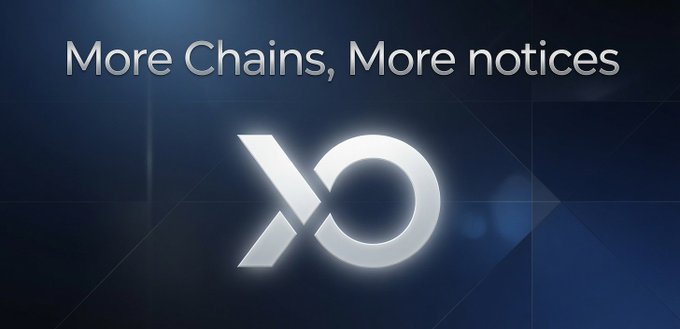 A dark blue promotional graphic featuring a glowing white 'XO' logo with the text 'More Chains, More notices' displayed at the top.