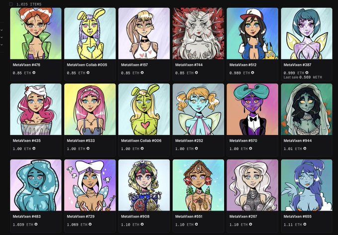 A grid of 1,025 MetaVixen NFT collectibles displayed with prices ranging from 0.85 to 1.11 ETH, showing various illustrated female character avatars.
