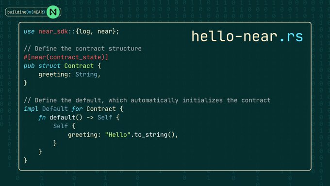 The image shows Rust smart contract code for a "hello-near" project, featuring a `Contract` struct with a greeting field initialized to "Hello" using the NEAR SDK, illustrating a basic blockchain smart contract example being shared to onboard new developers to the NEAR ecosystem.