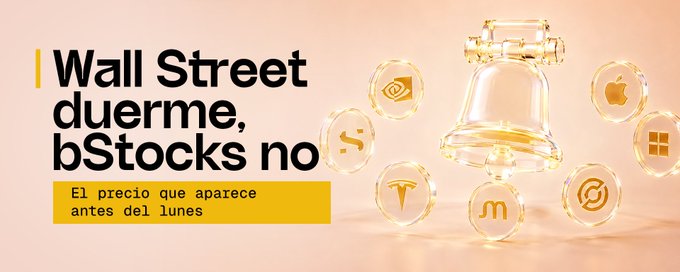 A Spanish-language advertisement reading 'Wall Street duerme, bStocks no - El precio que aparece antes del lunes' featuring a glowing bell surrounded by circular icons representing various stocks including Nvidia, Apple, Microsoft, Tesla, McDonald's, Google, and others.
