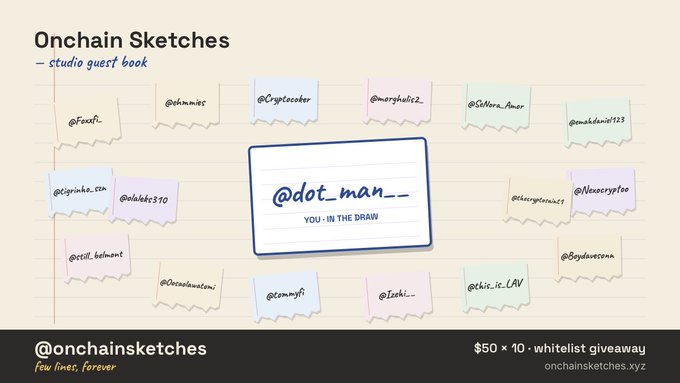 Promotional graphic for 'Onchain Sketches' studio guest book featuring a cream-colored notepad design with various usernames in colored note boxes, highlighting '@dot_man__ - YOU IN THE DRAW' and offering a '$50 x 10 - whitelist giveaway' at onchainsketches.xyz.