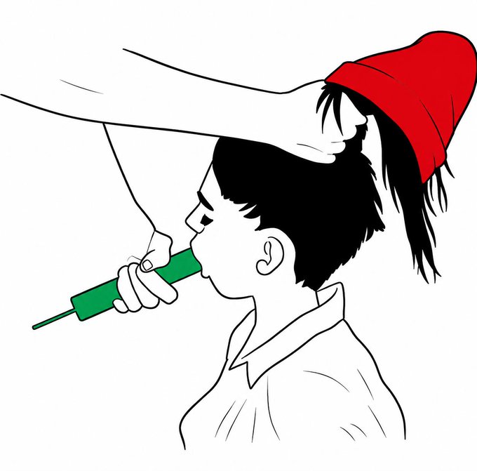 An illustration shows a person having a red beanie forced onto their head while being force-fed a green syringe-like object, symbolizing forced bullish sentiment. The aggressive imagery satirizes the post's claim that crypto will have a "most bullish year," suggesting the author is being forcefully convinced or "fed" hype against their will.