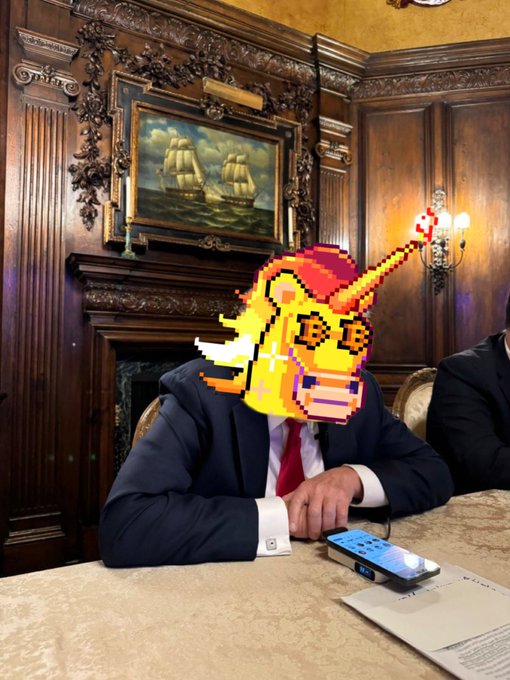 A suited figure with a pixelated Bitcoin-themed alien face sits at an ornate wood-paneled table next to a smartphone, humorously portraying a crypto insider remaining unfazed by the Magic Eden lawsuit announcement while casually referencing the "stimmy" (stimulus) payout.