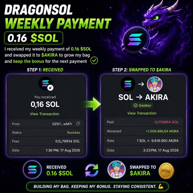 A promotional graphic titled 'DRAGON SOL WEEKLY PAYMENT' showing a two-step process of receiving 0.16 SOL and swapping it to AKIRA tokens, featuring a dragon illustration and transaction details dated August 17, 2026.
