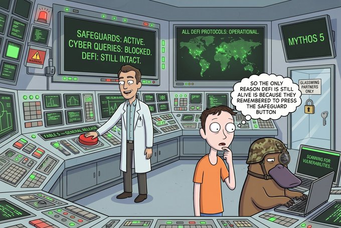 The image features a cartoon depiction of two men standing behind a computer screen, one wearing a lab coat and the other dressed as an AI character from "The Simpsons" with a beard. They are surrounded by various computer screens displaying information about DeFi (decentralized finance). The caption at the bottom of the post reads: "My belief in the word 'safe' regarding DeFi dropped 99%". This indicates that there was some issue or problem related to the safety aspect of DeFi, and now they are examining it.