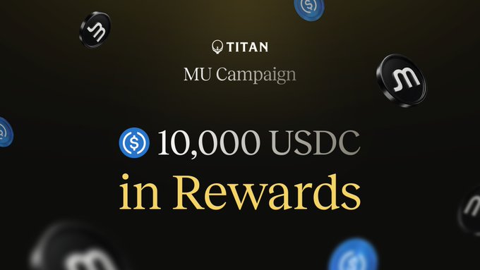 Promotional graphic for the Titan MU Campaign featuring "10,000 USDC in Rewards" alongside Titan logos and USDC coin imagery, tying into the post's weekend trading campaign for tokenized $MU with double-dip rewards totaling 35k in prizes through two days remaining in epoch 1.