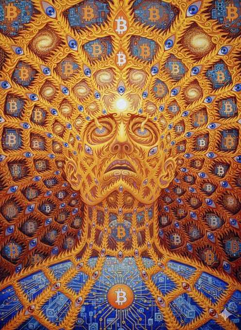 A radiant golden face appears overwhelmed amid swirling flames, circuit board patterns, and dozens of Bitcoin "₿" symbols, visually capturing the overwhelming sensation of being immersed in vast streams of cryptocurrency sentiment data.