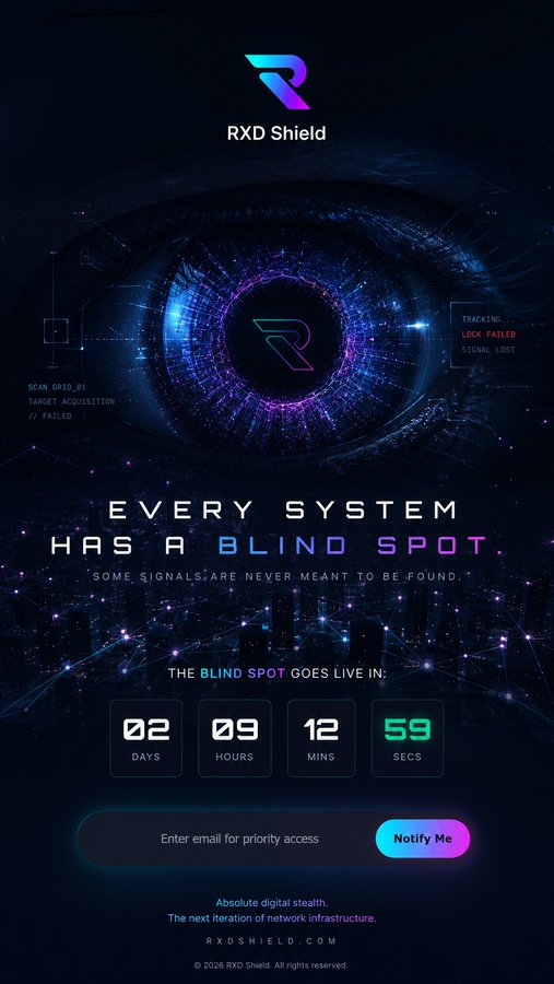 A futuristic dark blue promotional poster for 'RXD Shield' featuring a digital eye graphic and the tagline 'EVERY SYSTEM HAS A BLIND SPOT,' along with a countdown timer showing 02 days, 09 hours, 12 mins, 59 secs until launch.