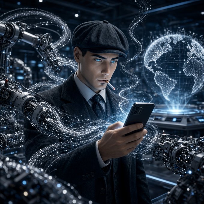 A digitally generated image of a man in a flat cap and dark suit holding a smartphone, surrounded by glowing digital streams of data and a holographic Earth globe, suggesting a futuristic or AI-themed setting.