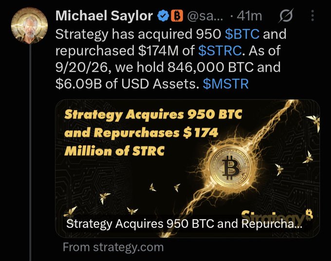 The image shows a tweet from Michael Saylor (@sa...) announcing that Strategy acquired 950 BTC and repurchased $174M of $STRC, bringing total holdings to 846,000 BTC and $6.09B in USD assets as of 9/20/26, with an attached graphic displaying "Strategy Acquires 950 BTC and Repurchases $174 Million of STRC" alongside a golden Bitcoin emblem. The tweet directly corresponds to the accompanying post confirming Strategy's latest Bitcoin acquisition, reinforcing the bullish "WE ARE SO BACK" sentiment about the BTC purchase.