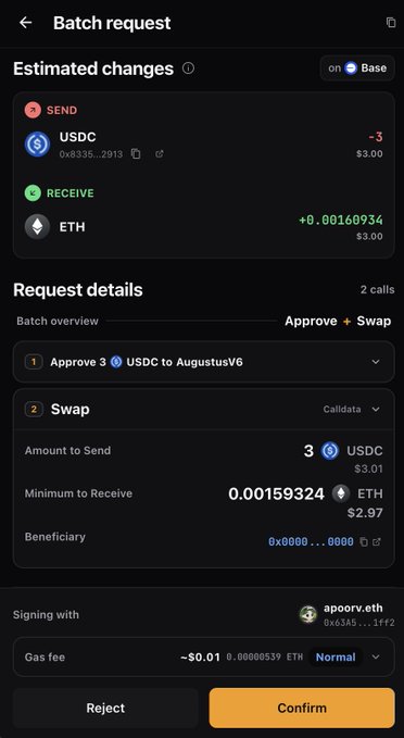 A mobile cryptocurrency wallet batch request screen showing an estimated swap of 3 USDC to 0.00160934 ETH, with request details for 'Approve + Swap' using the Calidata service and a gas fee of ~$0.01.
