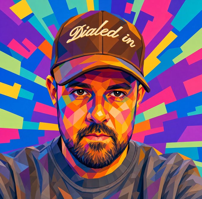 A colorful geometric/pop-art style portrait of a bearded man wearing a cap that says "Waked in" against a vibrant multi-colored background.