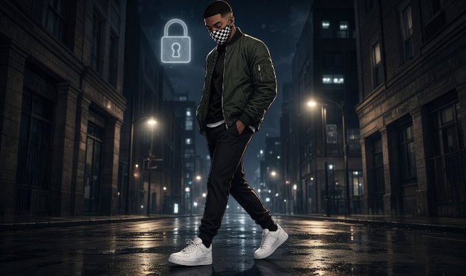 A stylized urban photograph of a person walking down a wet, dimly lit city street at night, wearing a green bomber jacket, black pants, white sneakers, and a checkered face mask, with a glowing blue padlock icon floating in the air nearby.