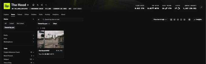 A dark-themed web interface for 'The Hood' (HOOD_REPLICATE), showing a search for 'hoo' and displaying a result for 'The Hood #0281' owned by 'reez' with a top offer of 0.812 ETH.