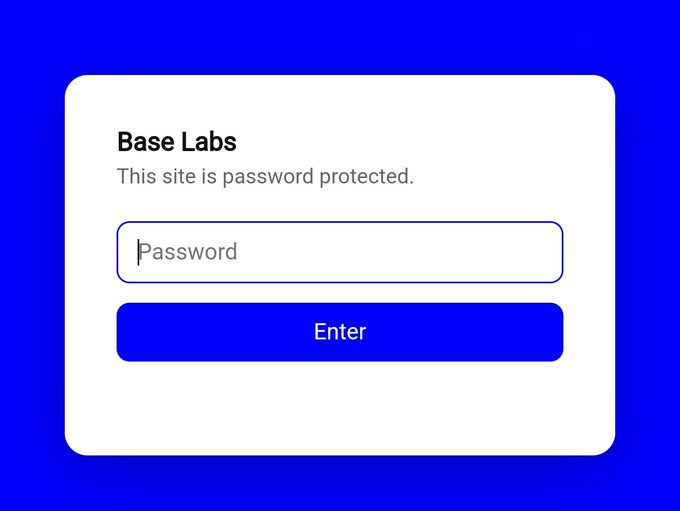 A password-protected login screen for "Base Labs" displays a simple interface with a password field and blue "Enter" button against a vibrant blue background, suggesting restricted access to a new web domain tied to the Base ecosystem that has sparked speculation about potential airdrops.