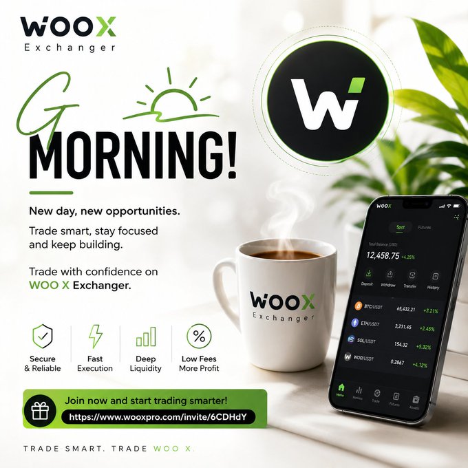 An advertisement for WOO X Exchanger featuring a coffee mug and a smartphone displaying trading data, with text 'GOOD MORNING! New day, new opportunities. Trade smart, stay focused and keep building.' and an invite link.