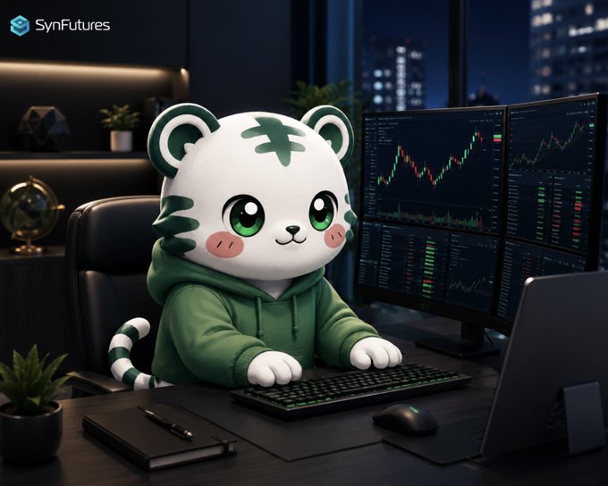 A cute white tiger mascot wearing a green hoodie sits at a desk in a modern office, intently trading on a SynFutures crypto platform with multiple monitors displaying financial charts and data.

The image visually represents the SynFutures RWA (Real World Assets) campaign, with the friendly mascot symbolizing accessible trading and the multiple trading screens showcasing the platform's capability to handle diverse tokenized stocks and assets mentioned in the post.