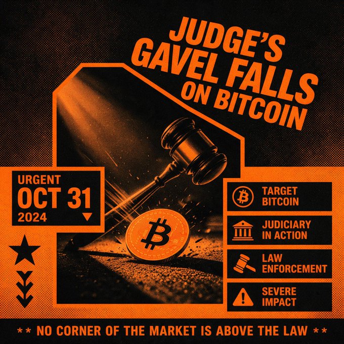 A graphic with a judge's gavel striking a Bitcoin coin, titled 'JUDGE'S GAVEL FALLS ON BITCOIN,' dated 'URGENT OCT 31 2024,' with categories 'TARGET BITCOIN,' 'JUDICIARY IN ACTION,' 'LAW ENFORCEMENT,' and 'SEVERE IMPACT,' along with the banner 'NO CORNER OF THE MARKET IS ABOVE THE LAW.'