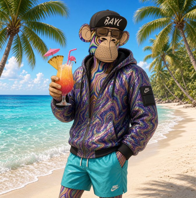 AI-generated image of an anthropomorphic monkey wearing a 'BAYC' cap, sunglasses, a colorful swirl-patterned Nike jacket, and turquoise Nike shorts, holding a tropical cocktail on a beach.
