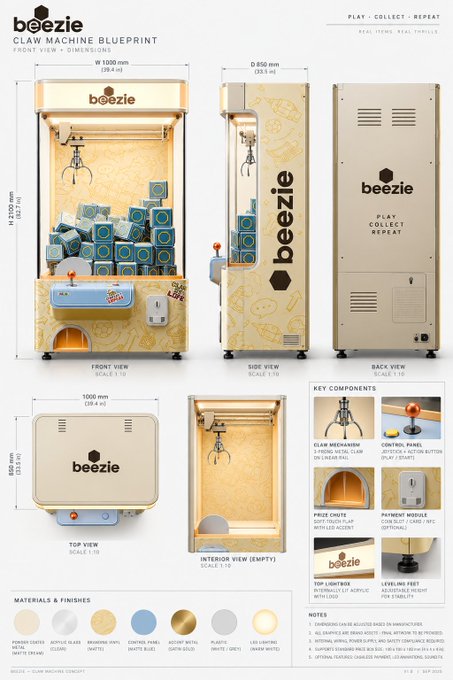 Blueprint design sheet for a 'beezie CLAW MACHINE BLUEPRINT', showing front, side, back, and interior views with dimensions, key components, and materials listed.