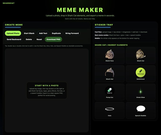 A screenshot of a 'Meme Maker' tool titled 'SHARKCAT' featuring options to upload photos, add text, and apply stickers like Shark Face, Shark Hat, and Halo.