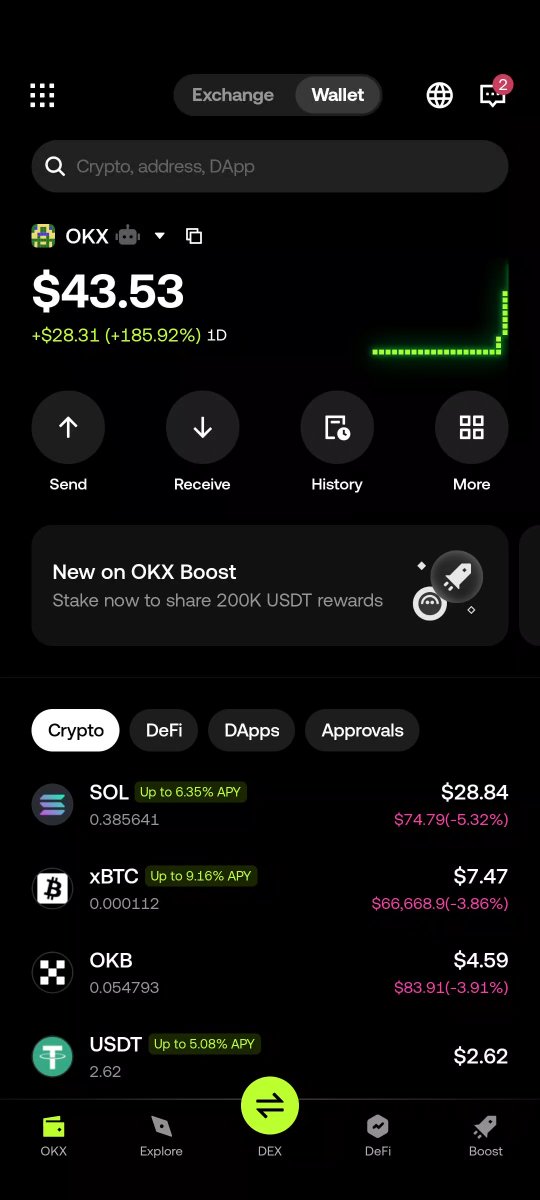 The image shows a cellphone screen displaying information related to cryptocurrency trading. The screen features a text box that reads "OKX DEX now available via OKX DEX on wallet". In addition, there are several icons representing different cryptocurrency platforms such as XTB, BNB Chain, Solana, and Etherium. The icons indicate the various cryptocurrencies being traded or listed by the KYC app on the cell phone.