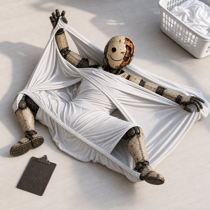 A weathered, jointed mannequin with a simple smiley face lies on a light wooden floor, comically tangled and trapped inside a white fitted sheet that it cannot escape, with a laundry basket full of clean sheets nearby and a clipboard beside it.

The image humorously visualizes the post's caption by depicting AI itself as the struggling mannequin—giving up on the famously difficult task of folding a fitted sheet, a fitting metaphor for artificial intelligence conceding defeat to one of life's most stubborn domestic challenges.