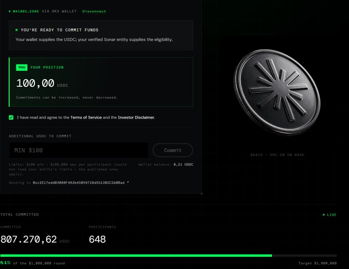 A cryptocurrency staking interface showing a Sonar fund commitment of 100.00 USDC via OKX wallet, with wallet balance 0.21 USDC, 648 participants, 807,270.62 USDC total committed (80.7% of $1,000,000 target).