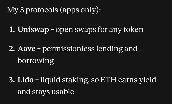A text post listing three crypto protocols: Uniswap for token swaps, Aave for permissionless lending, and Lido for liquid staking ETH.
