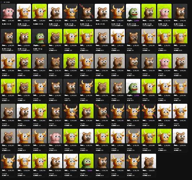 A grid display of numerous pixel-art bull NFT collectibles, each with a price tag in ETH, showing variations in color and accessories like sunglasses and headphones.
