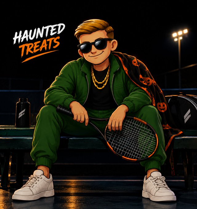 A cartoon-style illustration titled 'HAUNTED TREATS' depicts a young man in a green tracksuit and sunglasses holding a tennis racket on a court at night.