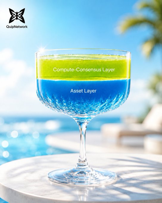 A two-layered cocktail on a beach table with the top green layer labeled 'Compute-Consensus Layer' and blue layer labeled 'Asset Layer', with a 'QuipNetwork' logo.