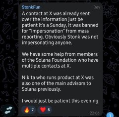 A Telegram message from 'StonkFun' discusses a contact at X sending information about a patient being banned for impersonation, mentioning Stonk and the Solana Foundation.