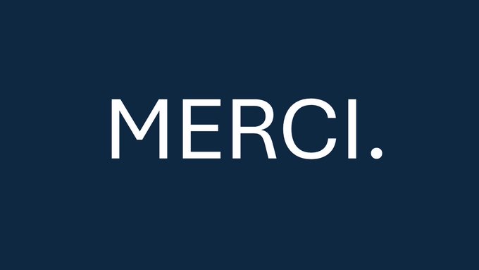 The image displays the word "MERCI." in white capital letters on a dark navy blue background, a French expression meaning "thank you." The accompanying post suggests that just as X (formerly Twitter) is the platform where world leaders communicate, the winning blockchain will be the platform where they store and use their assets—implying gratitude for those who see the potential.