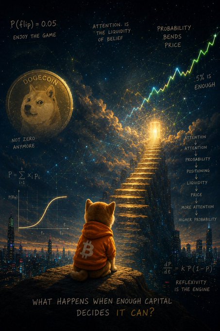 A surreal digital artwork featuring a Shiba Inu dog in a Bitcoin hoodie looking up a glowing stairway, with a Dogecoin coin, graphs, and text including 'P(flip) = 0.05', 'DOGECOIN', 'NOT ZERO ANYMORE', and 'WHAT HAPPENS WHEN ENOUGH CAPITAL DECIDES IT CAN?'.