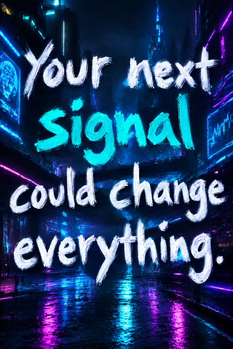 A neon, rain-soaked cyberpunk city street serves as the backdrop for the large brush-lettered text, “Your next signal could change everything.” The cyan-highlighted word “signal” visually reinforces the post’s message about watching market movements, whale activity, liquidity shifts, and risk rather than merely staring at a chart.