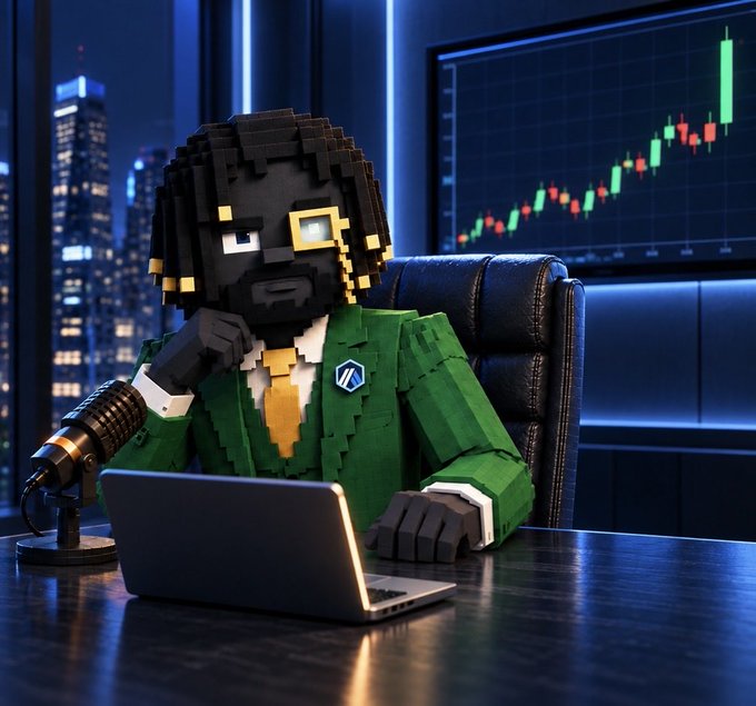 A 3D voxel-style character with dark hair and glasses wearing a green suit, sitting at a desk with a laptop and microphone in front of a stock market chart showing a rising trend.