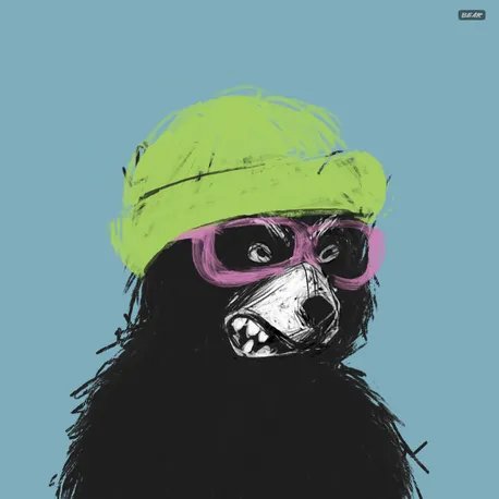 The image features an illustrated black bear wearing a bright green beanie and pink sunglasses with teeth showing, set against a light blue background with "BEAR" text in the corner. It connects to the post's shoutout to $FARM token on the XRP Ledger (XRPL), giving a playful, animal-themed visual identity to the cryptocurrency project.